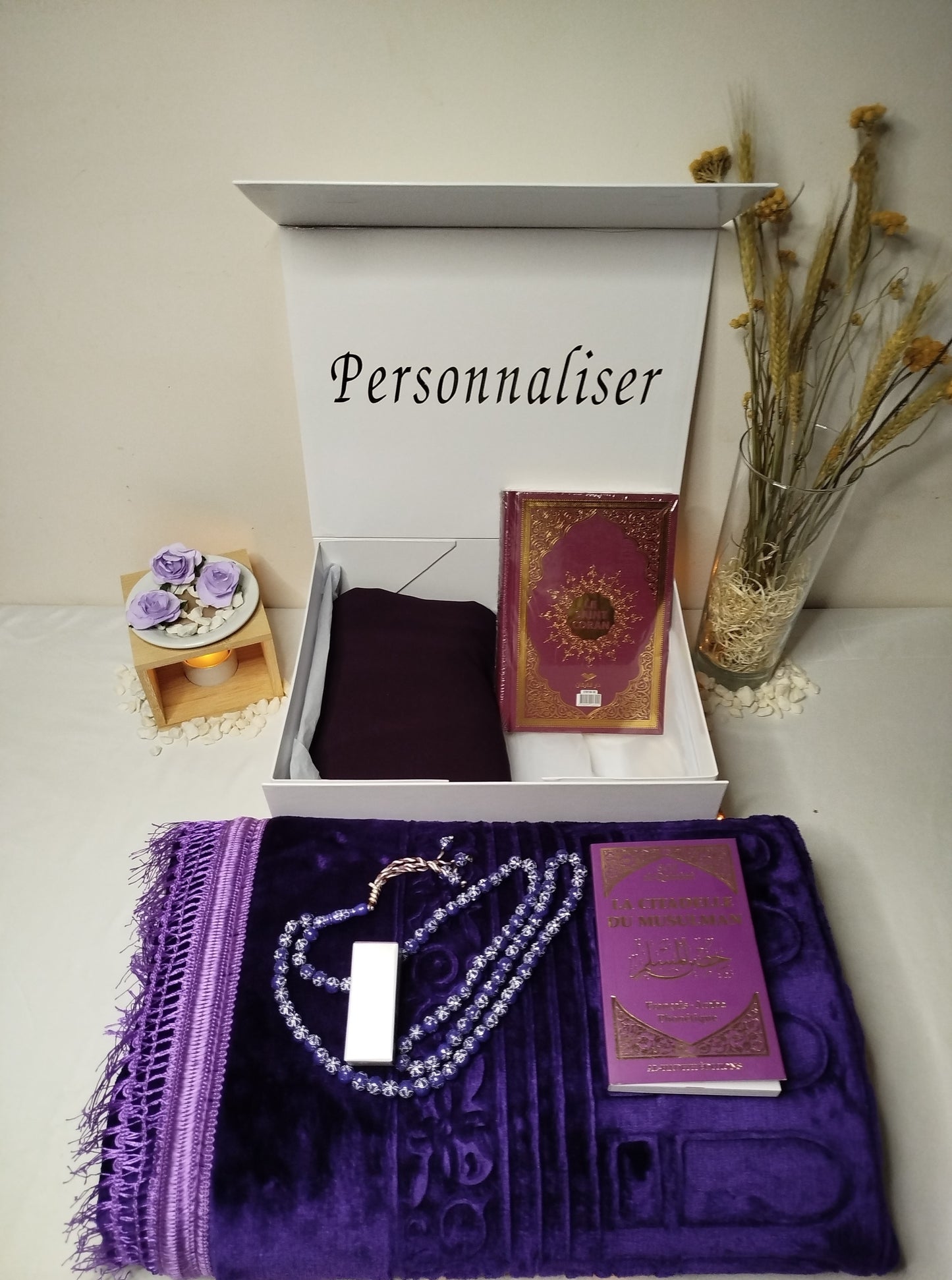 Coffret prière personnalisé complet prière femme le Saint Coran Jilbab habit de prière tapis de prière personnalisable citadelle du musulman tasbih musc
