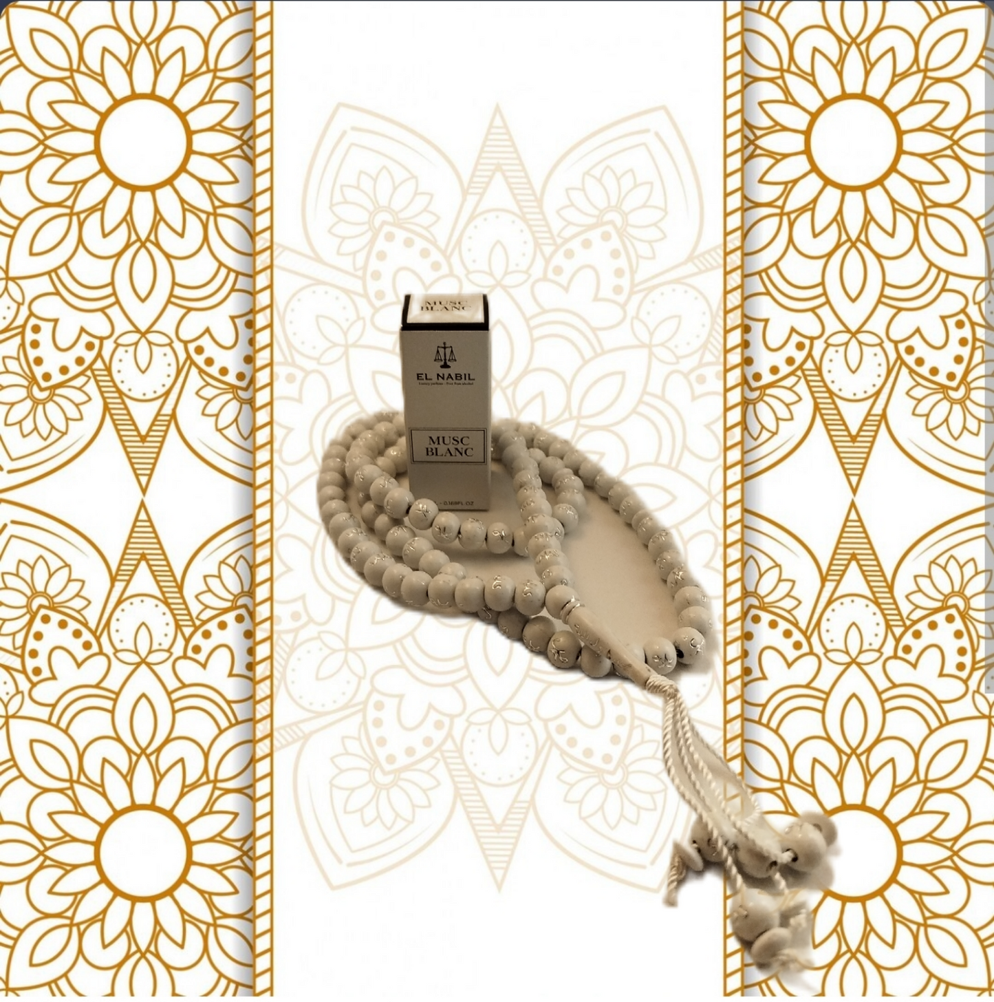 Coffret prière complet prière homme musulman, qamis manches longues col Coran tapis de prière citadelle du musulmans tasbih musc blanc