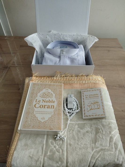 Coffret prière complet, tapis de prière personnalisable, qamis, Coran citadelle du musulman tasbih