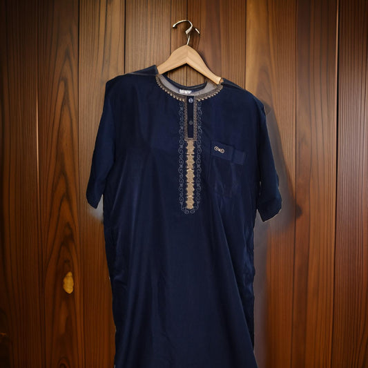 Qamis bleu marine homme manche courte brodé Élégance et Tradition pour Homme