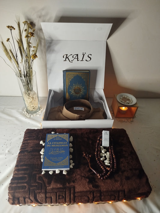 Coffret prière complet prière homme musulman, qamis manches longues col Coran tapis de prière citadelle du musulmans tasbih musc blanc