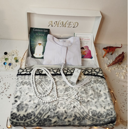Coffret prière personnalisé confort garçon qamis tapis de prière personnalisable apprendre prière citadelle du petit musulmans My Tijara