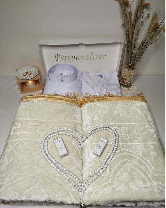 Coffret prière père fils qamis manches longues tapis de prière grande tailles tasbih musc El Nabil